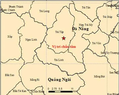 Bản đồ chấn tâm trận động đất xảy ra lúc 13h58 tại khu vực xã Trà Tập, TP Đà Nẵng - Ảnh: Viện Các Khoa học Trái đất