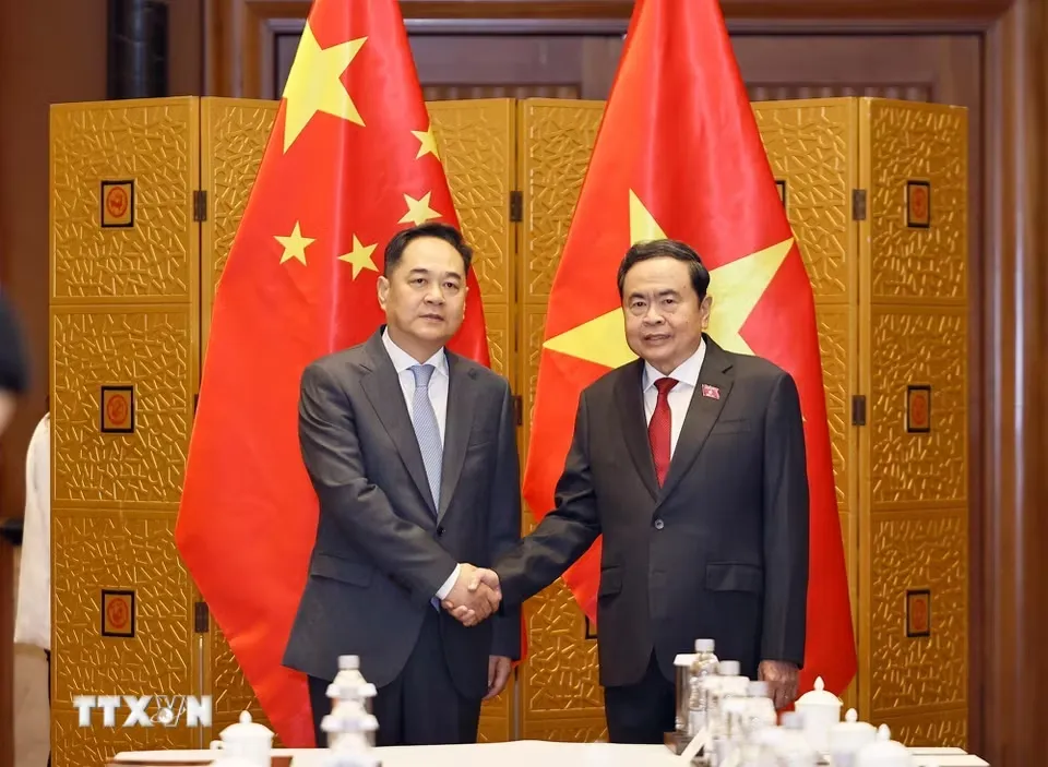 Chủ tịch Quốc hội Trần Thanh Mẫn tiếp Chủ tịch Hội Hữu nghị Đối ngoại nhân dân Trung Quốc Dương Vạn Minh, sáng 12-10 - Ảnh: TTXVN