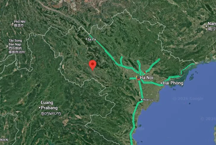 Vị trí hai trận động đất tại Sơn La sáng 19/10. Google Maps