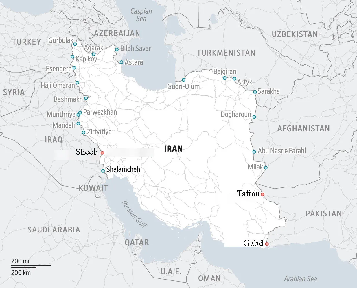 Vị trí các cửa khẩu bị đóng hoặc hạn chế lưu thông với Iran (màu đỏ).