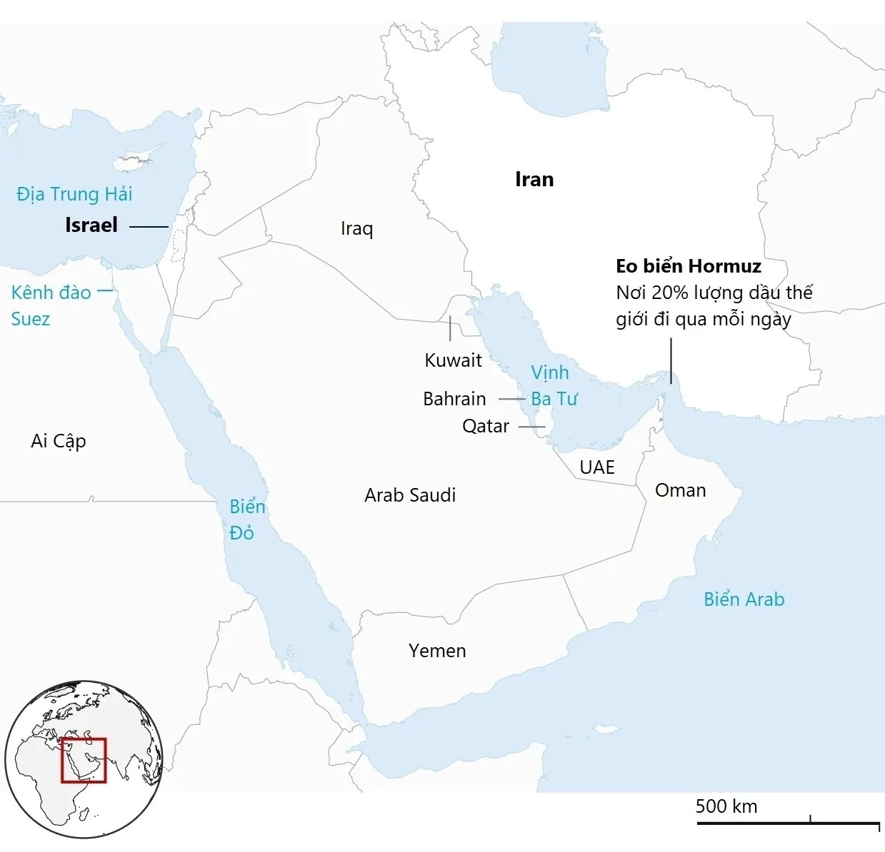 Vị trí Iran và eo biển Hormuz.