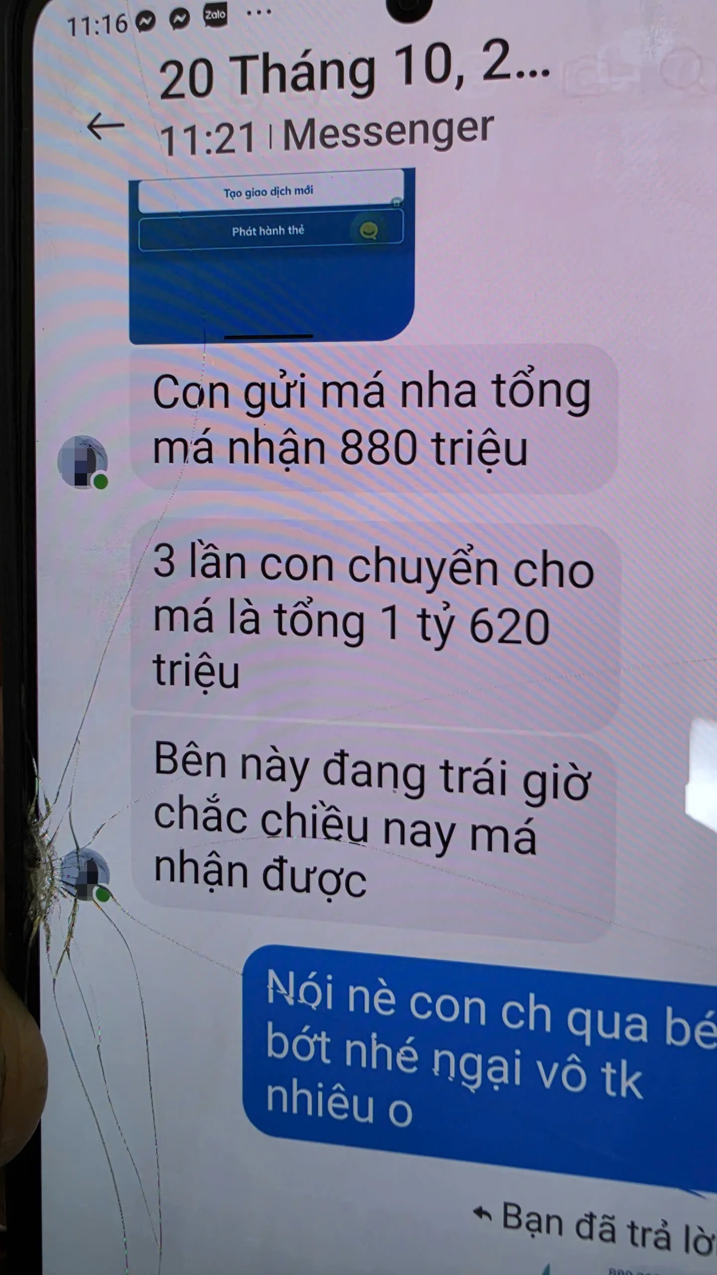 Tin nhắn của kẻ gian chiếm quyền sử dụng tài khoản của người con gái - Ảnh: Công an cung cấp