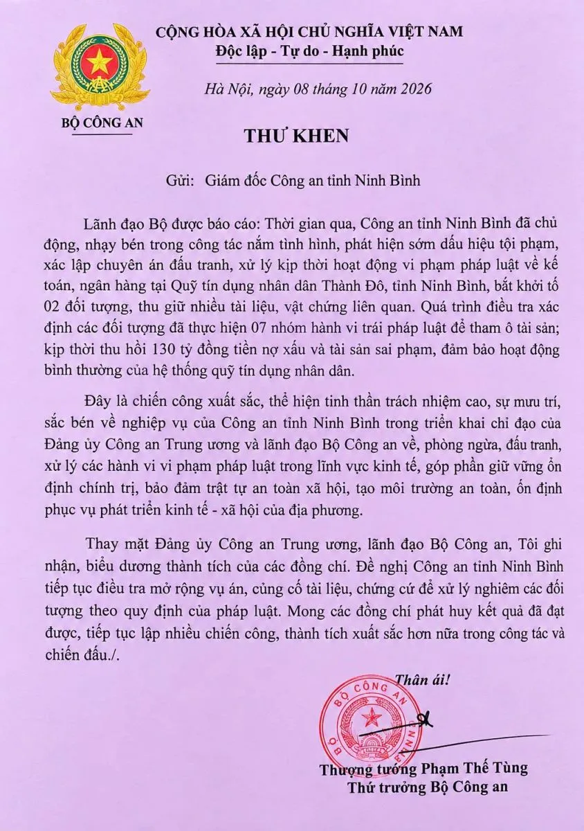 Thư khen của Bộ Công an gửi Công an tỉnh Ninh Bình