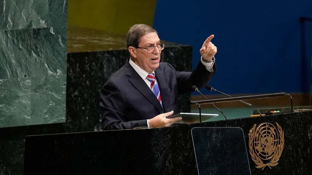 Bộ trưởng Ngoại giao Cuba Bruno Rodríguez phát biểu tại trụ sở LHQ ở TP New York (Mỹ) ngày 28-10 - Ảnh: VCG/CGTN