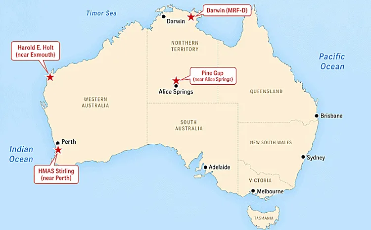 Vị trí căn cứ HMAS Stirling và những cơ sở tại Australia có sự hiện diện, đồn trú hoặc phối hợp tác chiến trực tiếp của quân đội và tình báo Mỹ.