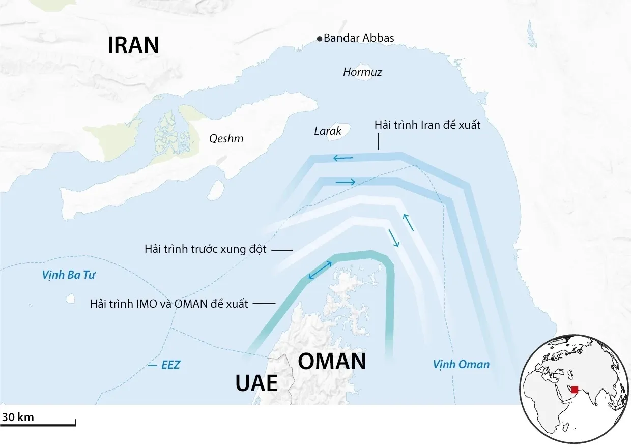 Các hải trình đi qua eo biển Hormuz.