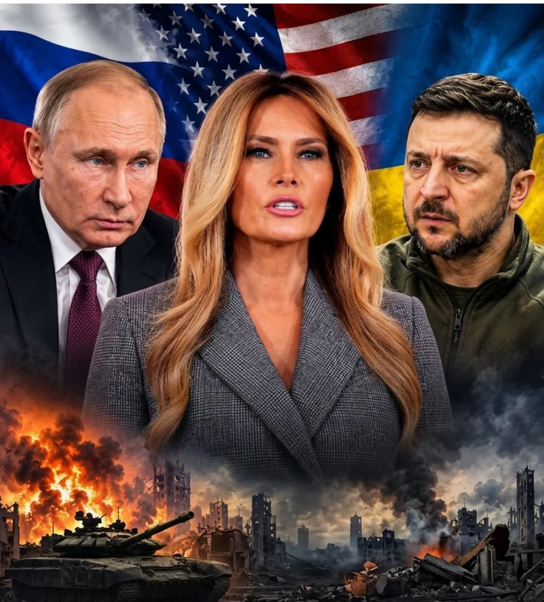 Ảnh ghép với Tổng thống Nga Vladimir Putin (bìa trái), Đệ nhất phu nhân Mỹ Melania Trump (giữa) và Tổng thống Ukraine Volodymyr Zelensky - Ảnh: 92NEWS