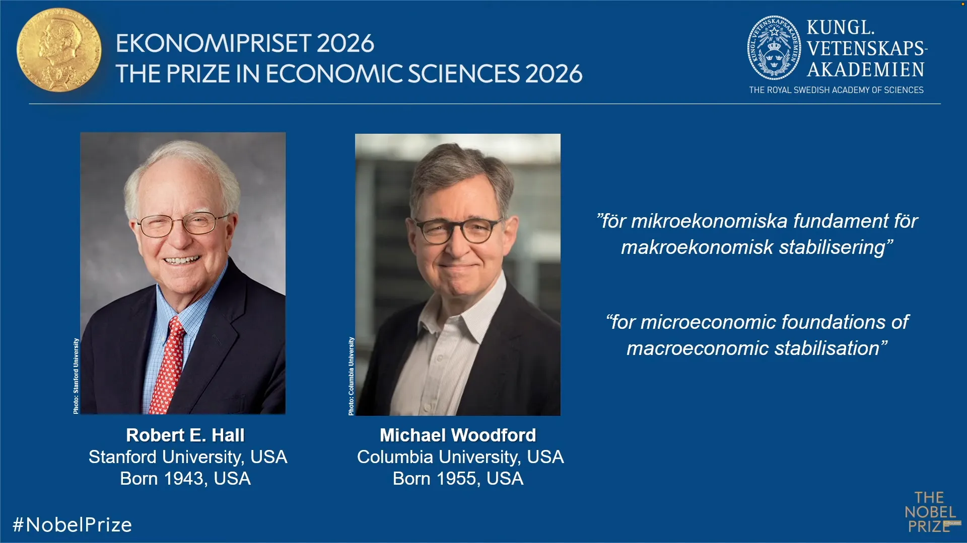 Nobel Kinh tế 2026 được trao cho hai nhà kinh tế học người Mỹ Robert E. Hall (Đại học Stanford) và Michael Woodford (Đại học Columbia) vì các nền tảng kinh tế vi mô cho việc ổn định kinh tế vĩ mô