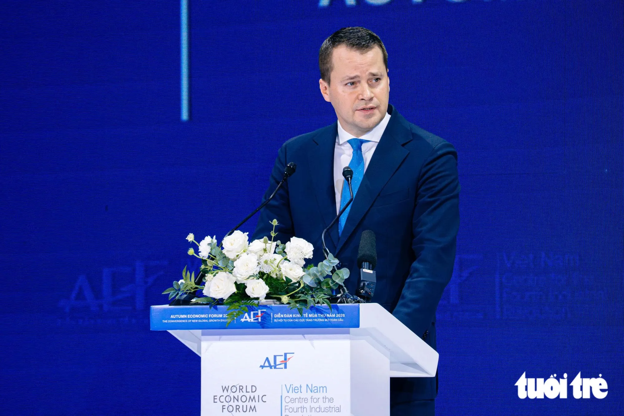 Ông Stephan Mergenthaler, Giám đốc điều hành (CEO) Diễn đàn Kinh tế Thế giới (WEF) phát biểu - Ảnh: THANH HIỆP