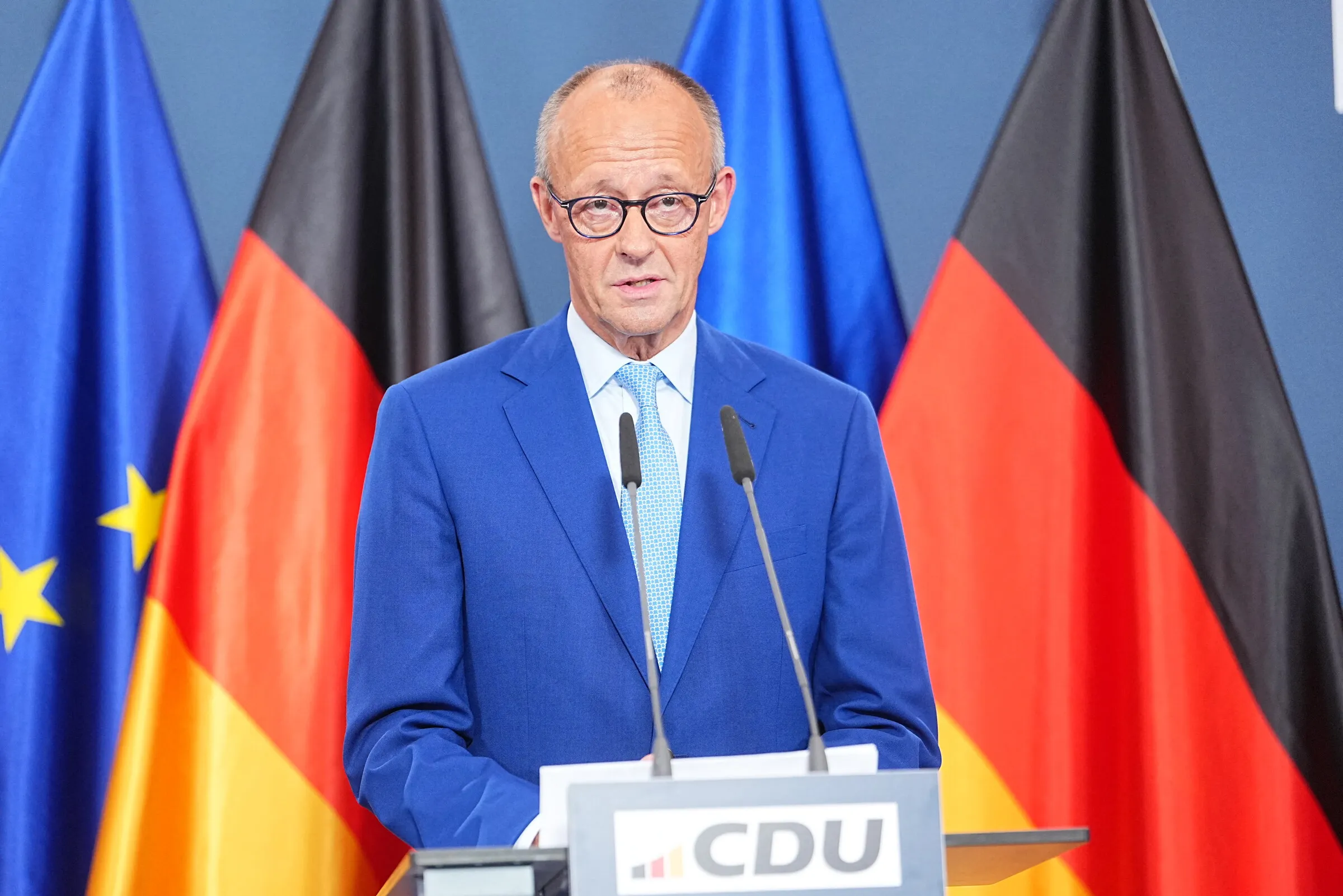Thủ tướng Đức Friedrich Merz, kiêm chủ tịch đảng CDU, phát biểu tại Berlin ngày 20/9 về kết quả bầu cử tại hai bang.