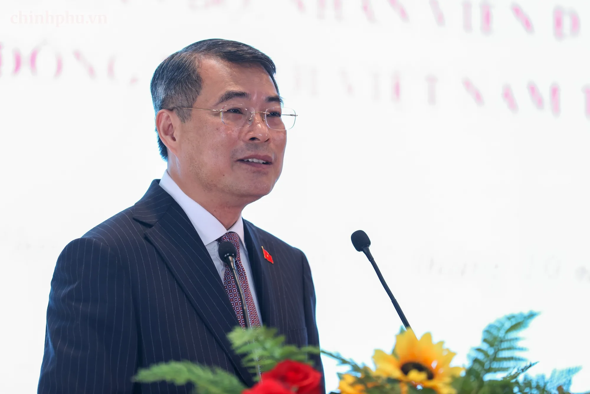Thủ tướng Lê Minh Hưng phát biểu tại cuộc gặp cộng đồng người gốc Việt tại Campuchia - Ảnh: CHINHPHU.VN