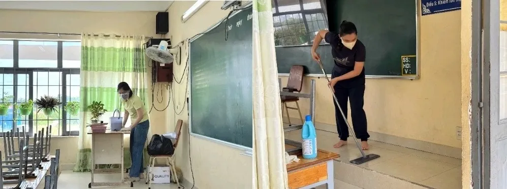 Công tác tổng vệ sinh khử khuẩn tại Trường THCS Hai Bà Trưng, xã Hiệp Phước ngày 17-10 - Ảnh: Sở Y tế TP.HCM cung cấp
