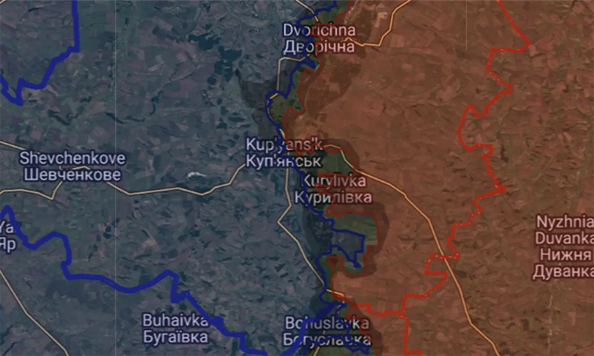 Vị trí Kupyansk, lãnh thổ Nga kiểm soát (màu đỏ) và lãnh thổ Ukraine kiểm soát (màu xanh).