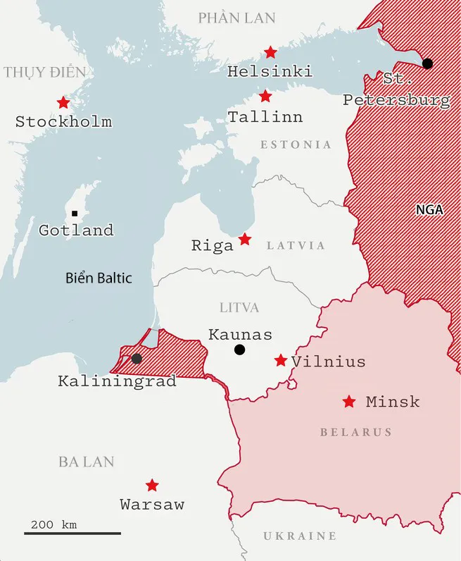 Vị trí thành phố St. Petersburg, Ba Lan, Litva và Latvia.