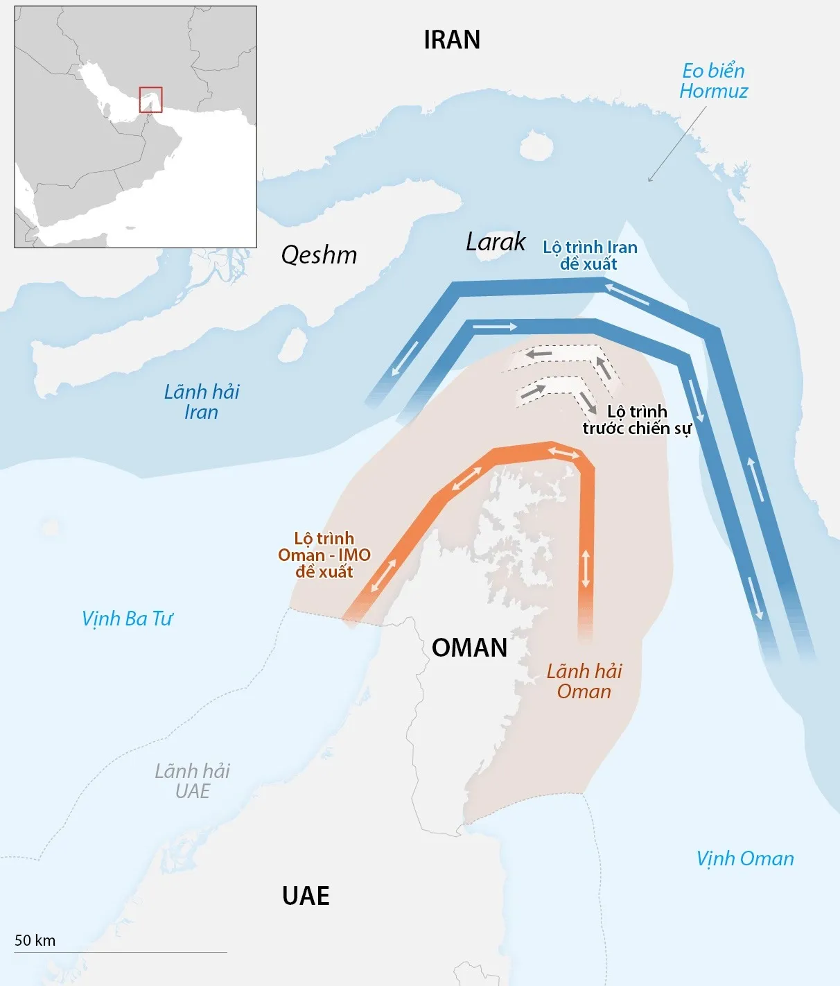 Các tuyến đường biển đi qua eo biển Hormuz.
