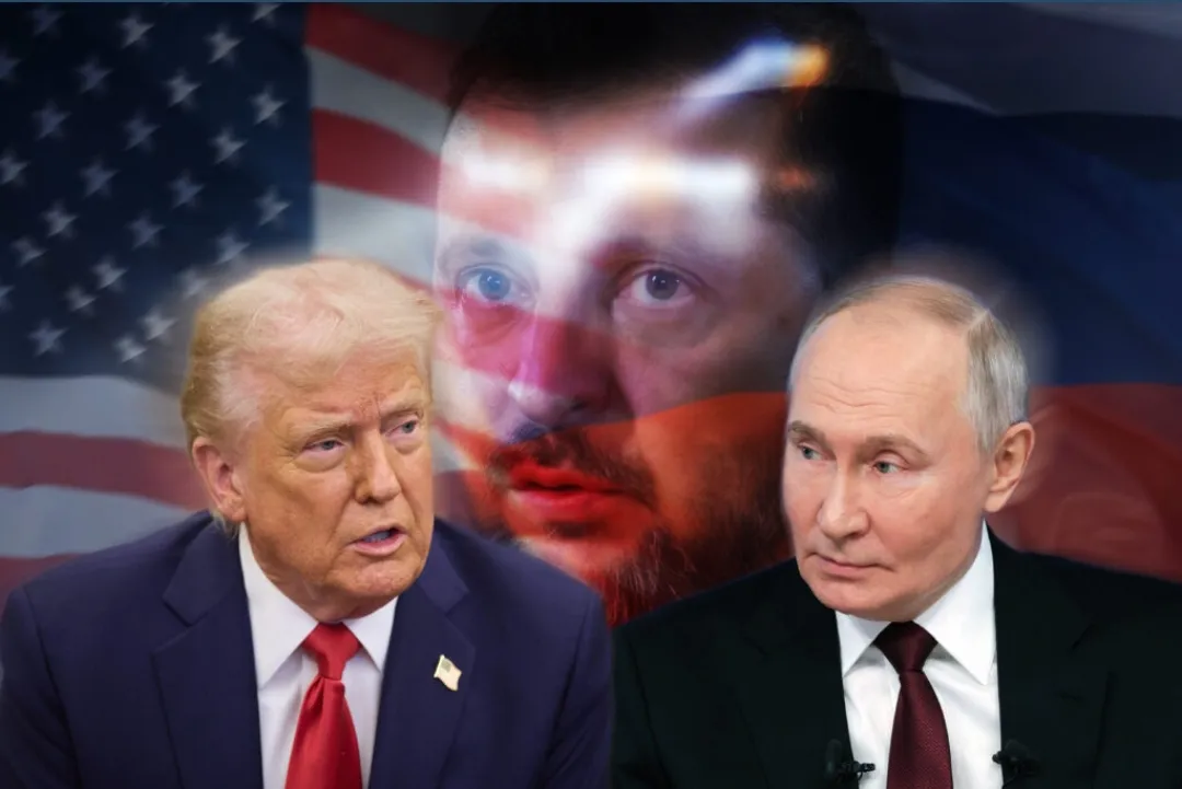Tổng thống Mỹ Donald Trump (trái) và Tổng thống Nga Vladimir Putin. Phía sau là Tổng thống Ukraine Volodymyr Zelensky - Ảnh: Atlanticcouncil.org