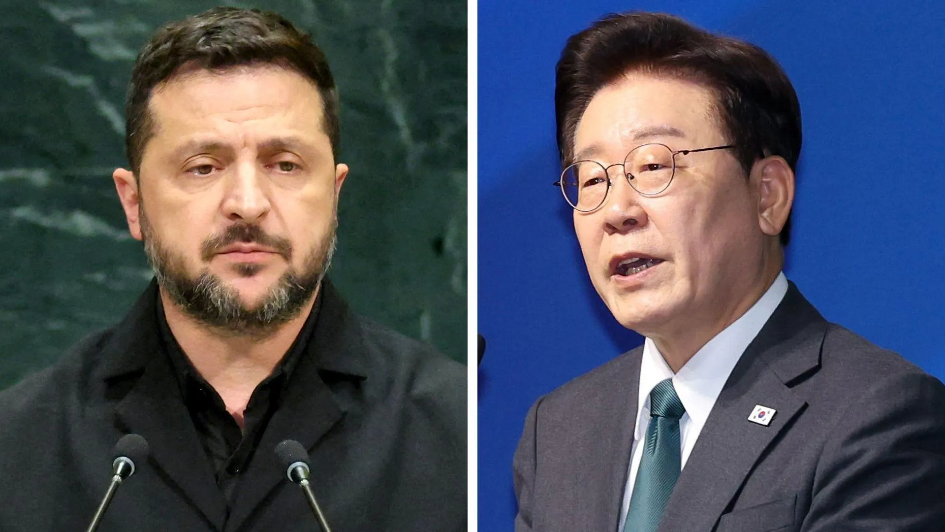 Tổng thống Ukraine Volodymyr Zelensky (trái) và Tổng thống Hàn Quốc Lee Jae Myung - Ảnh: REUTERS
